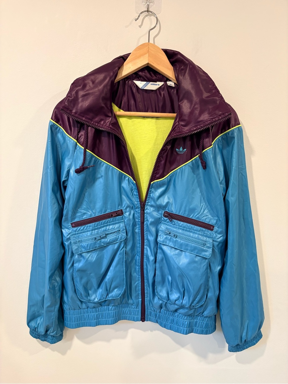 Vintage Adidas Originals Colorblock Windbreaker Jacket Blue Purple Neon Small